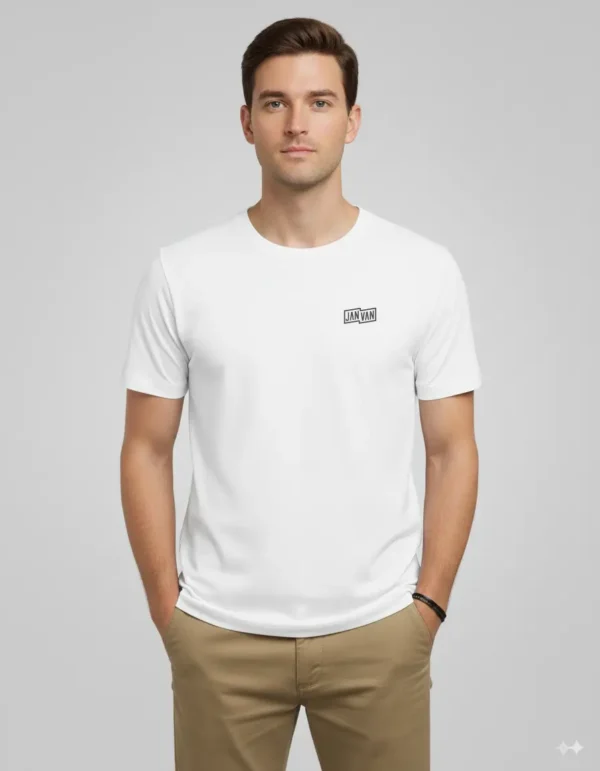 Janvan white T-shirt with JAN-VAN front and back graphic.