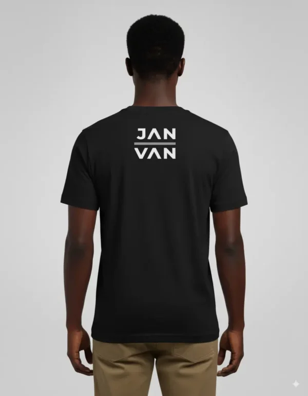 Janvan black T-shirt with JAN-VAN front and back graphic.