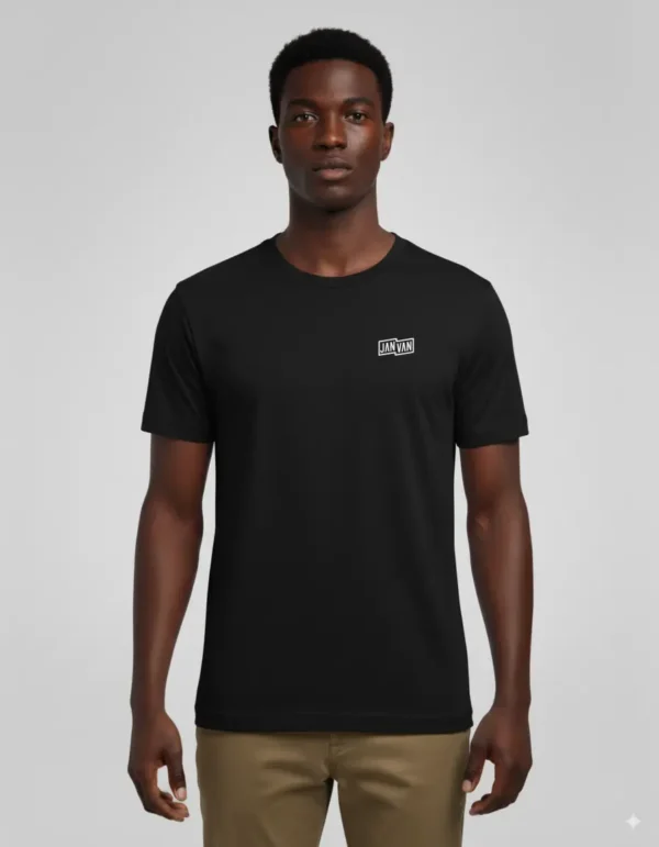 Janvan black T-shirt with JAN-VAN front and back graphic.