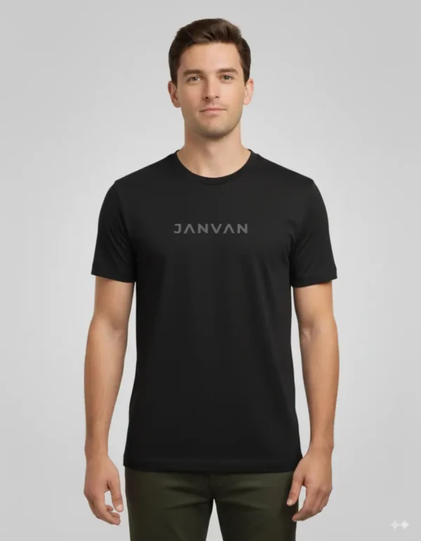 JANVAN black T-shirt with a JANVAN logo in the center.