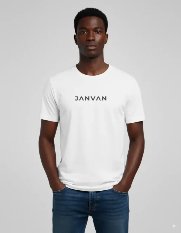 JANVAN white T-shirt with a JANVAN logo in the center.