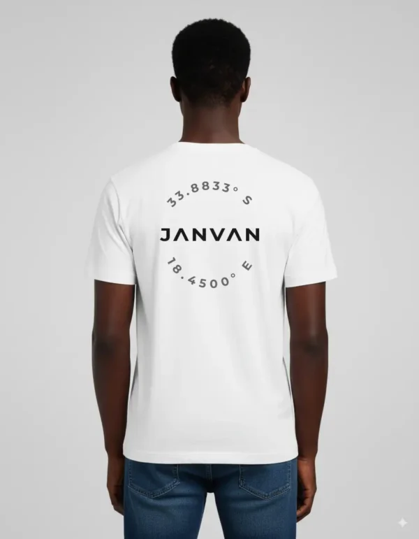 JANVAN white T-shirt with a JANVAN logo in the center.