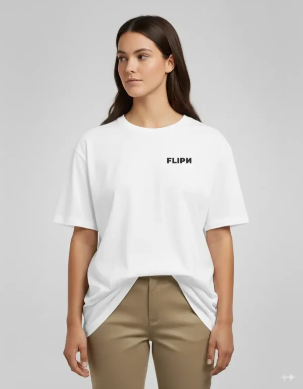 Front view of white FLIPN T-shirt with the original logo on the left.
