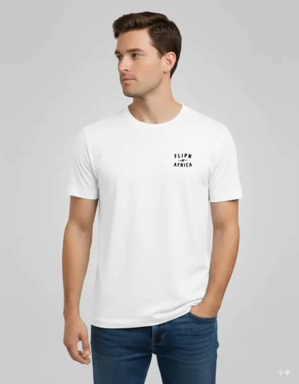 White FLIPN Brand T-shirt front view with curved logo design