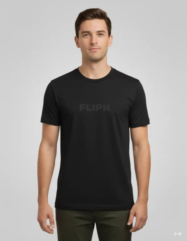 Black FLIPN T-shirt with an original black logo design