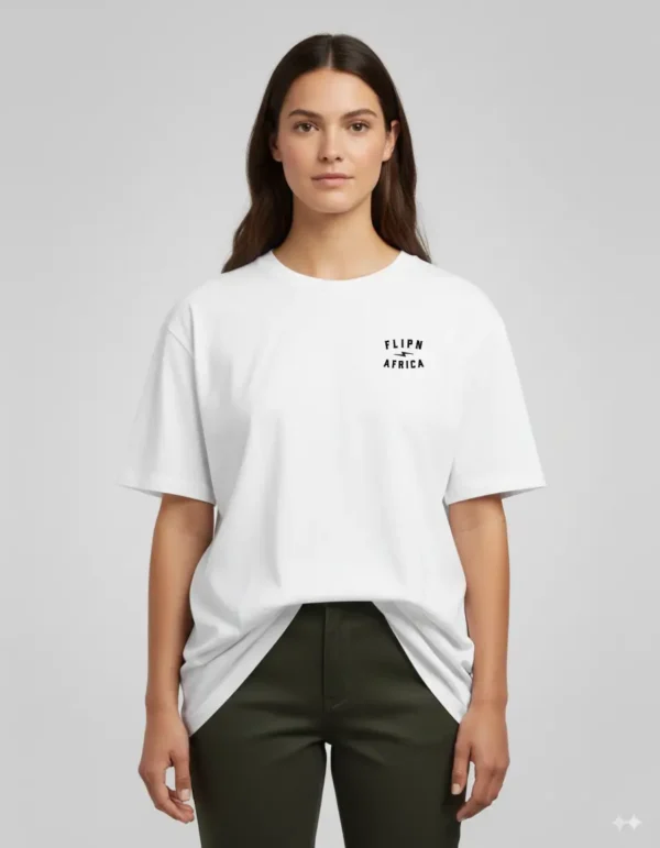 White FLIPN Brand T-shirt front view with curved logo design