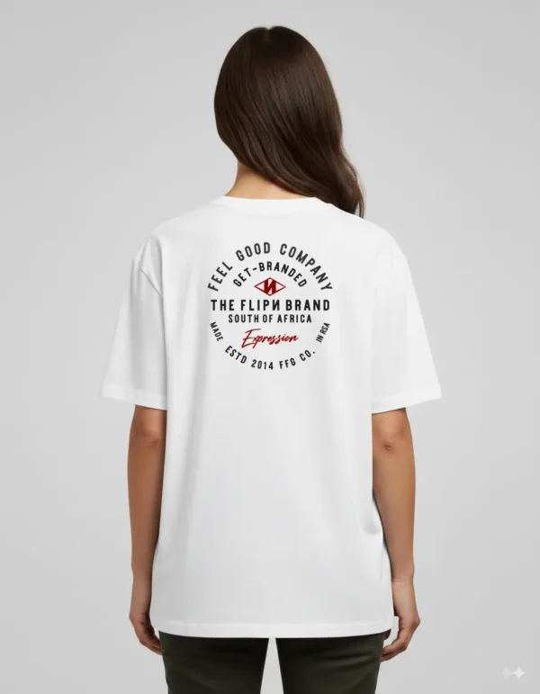 Back view of white FLIPN Brand T-shirt with plain design