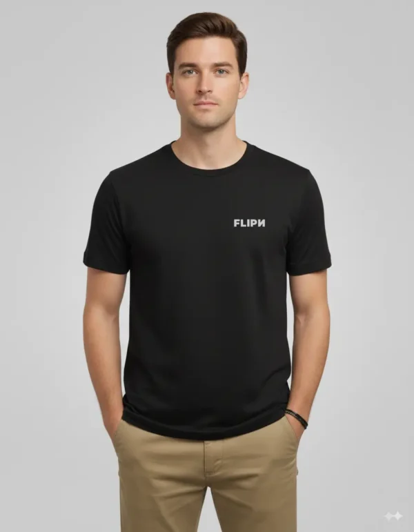Front view of black FLIPN T-shirt with the original logo on the left.