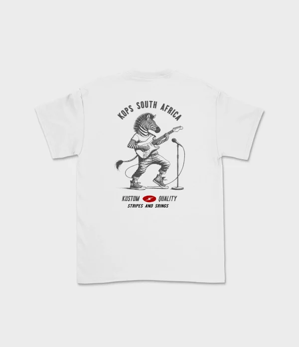 Back view of white KOPS stripes and strings #2 T-shirt.