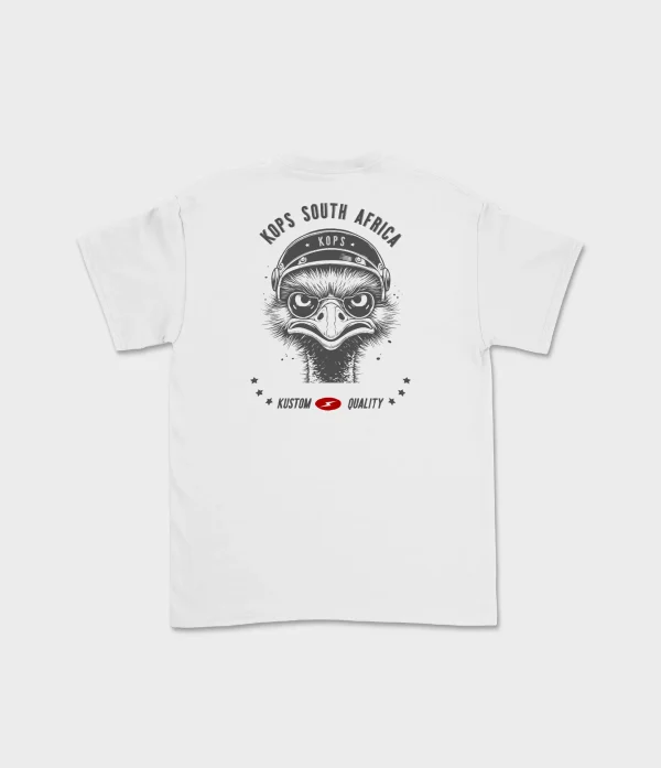 Back view of white KOPS ostrich tee
