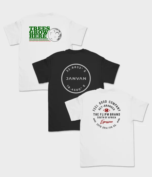 Three urban-style graphic T-shirts displayed flat – featuring designs from JANVAN, The Flipn Brand, and a moon-themed "Trees Grow Here" print.