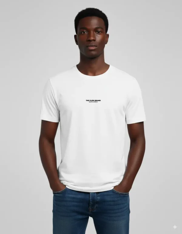Male model wearing a white FLIPN t-shirt with minimalist logo text, paired with blue jeans.
