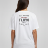 Back view of a unisex white graphic t-shirt featuring bold black and red text design with 'Feel Good Co, South of Africa, FLIPN Original, Since 2014' printed on the back