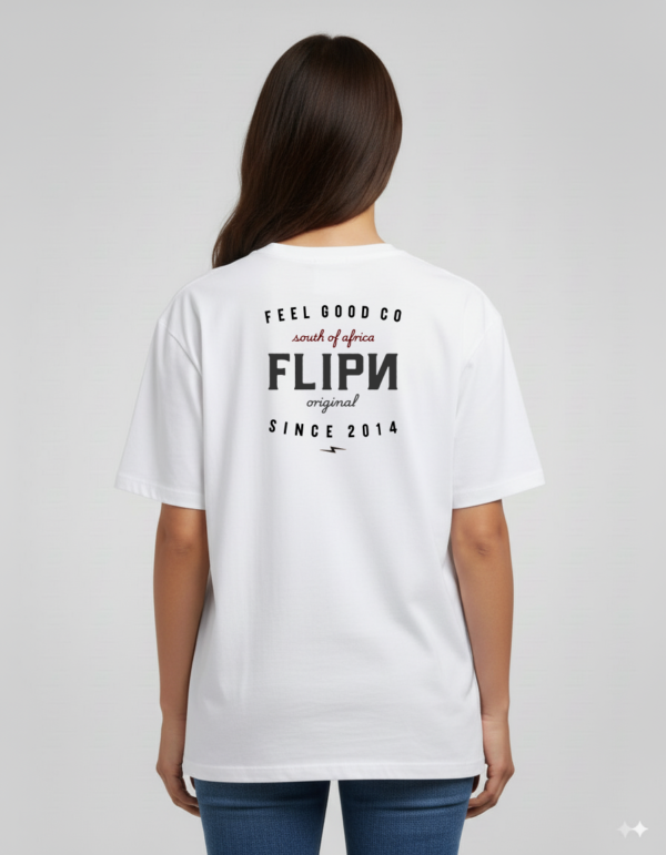 Back view of a unisex white graphic t-shirt featuring bold black and red text design with 'Feel Good Co, South of Africa, FLIPN Original, Since 2014' printed on the back