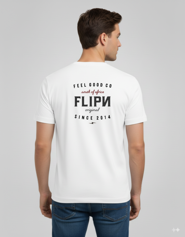 Back view of a unisex white graphic t-shirt featuring bold black and red text design with 'Feel Good Co, South of Africa, FLIPN Original, Since 2014' printed on the back