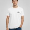 "Male model wearing a white unisex FLIPN graphic t-shirt with small black and red logo text on the chest, paired with blue jeans."